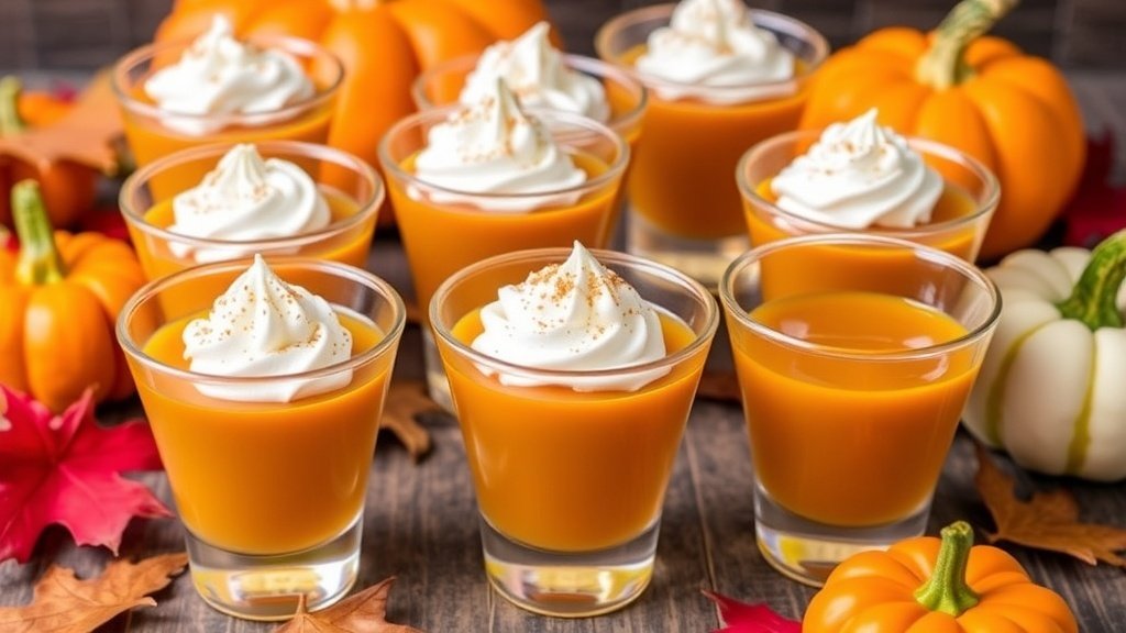 Spiked pumpkin spice jello shots in clear cups, topped with whipped cream and cinnamon, surrounded by autumn decorations.
