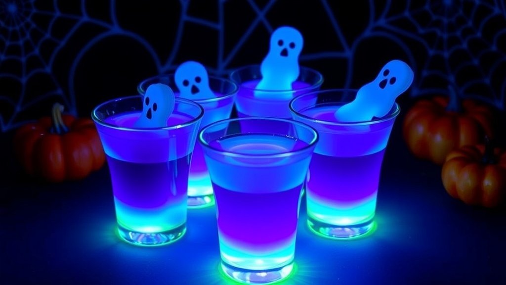 Glow-in-the-dark ghost shots in clear glasses with green and purple layers, set against a Halloween-themed background.