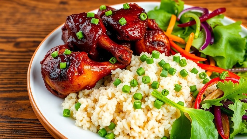 Slow-cooked jerk chicken served with rice and peas, garnished with green onions on a rustic table.