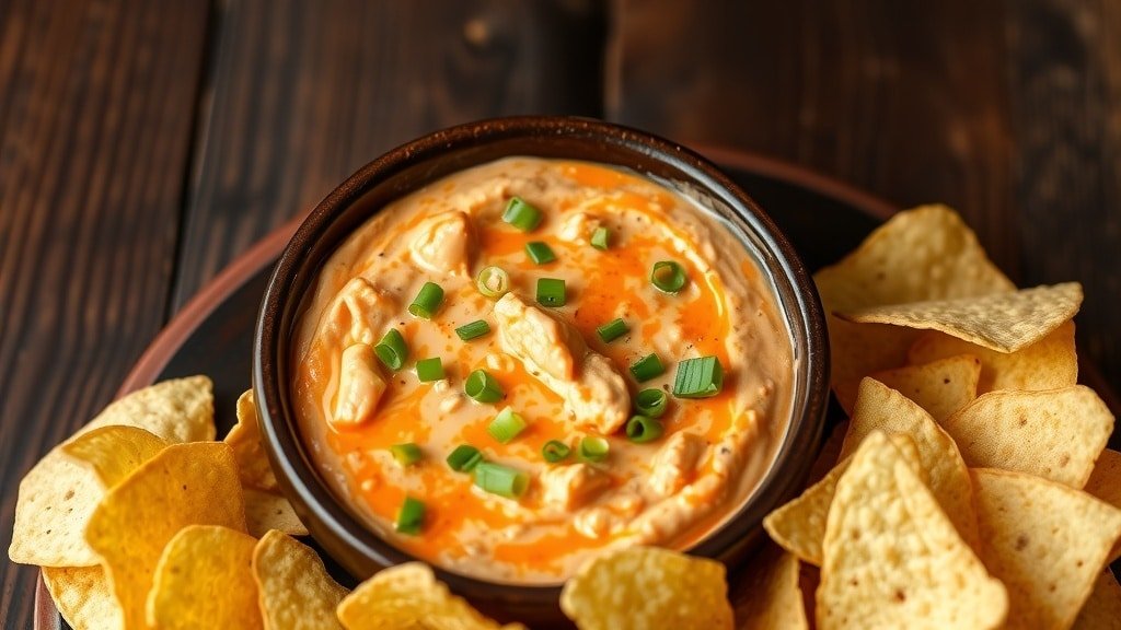 Slow Cooker Buffalo Chicken Dip Recipe A bowl of Buffalo Chicken Dip garnished with green onions, served with tortilla chips.