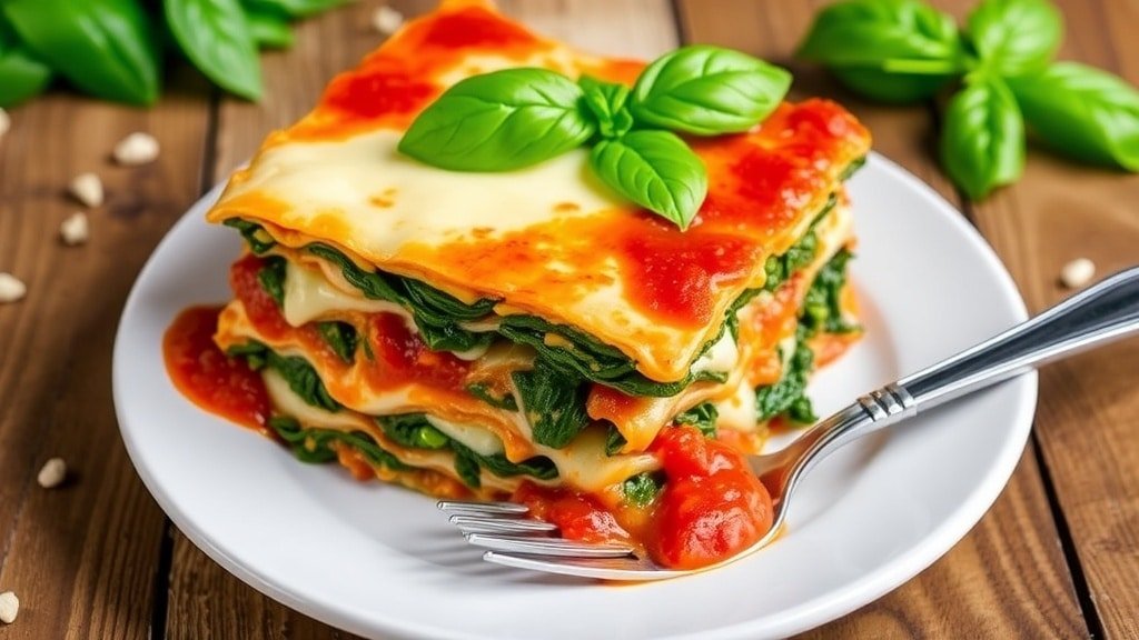 A serving of Crockpot Spinach Lasagna with layers of cheese, spinach, and marinara sauce on a plate, garnished with basil.