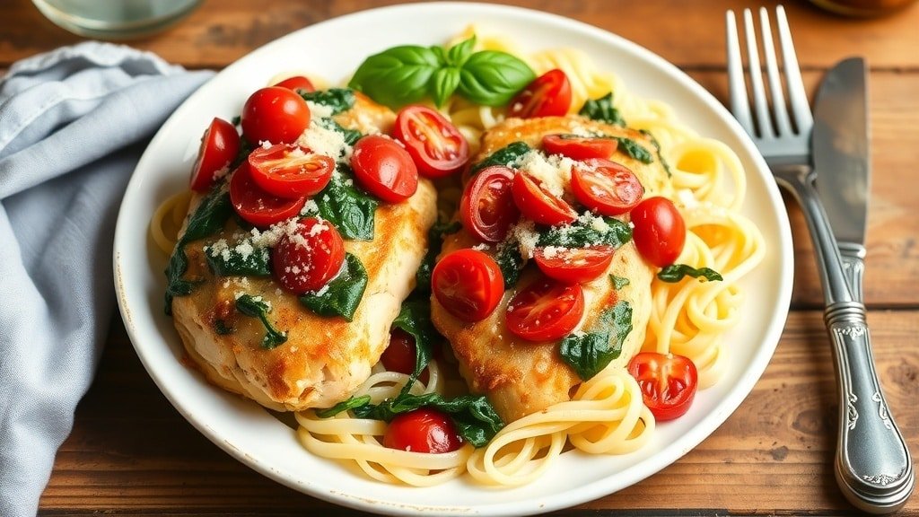 Slow Cooker Tuscan Chicken Recipe A plate of Slow Cooker Tuscan Chicken with sun-dried tomatoes and spinach, garnished with Parmesan cheese and basil, served over pasta.