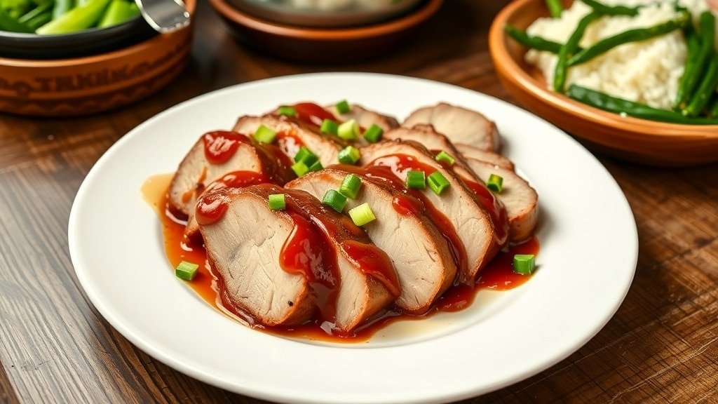 Sliced brown sugar pork tenderloin on a plate, garnished with green onions, served with rice and vegetables.