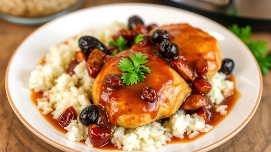 Crockpot Chicken Marbella with olives and prunes, garnished with parsley, served with rice.