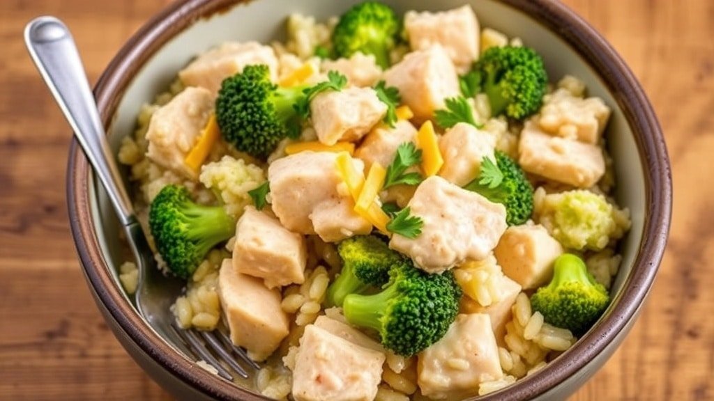 A bowl of slow cooker chicken and broccoli rice with cheese and parsley on a wooden table.