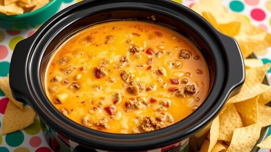 Crockpot Beef Queso Dip Recipe A delicious beef queso dip in a Crockpot with tortilla chips for dipping.