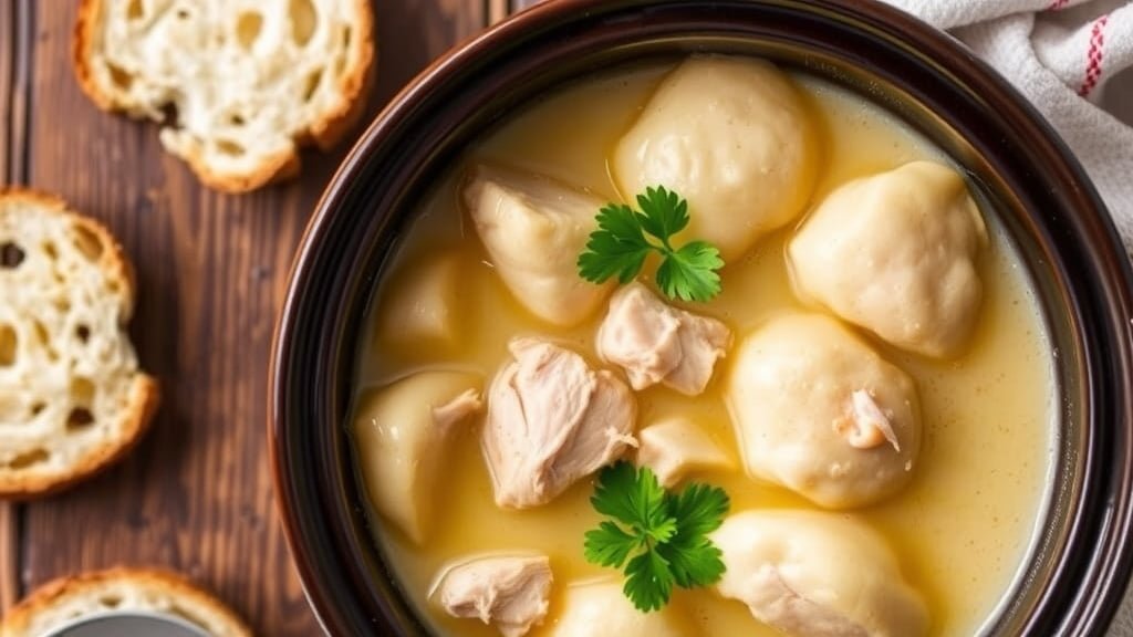A bowl of chicken and dumpling soup with chicken pieces, dumplings, and parsley on a rustic table.
