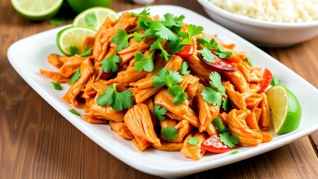 Shredded chili lime chicken garnished with cilantro and lime wedges on a plate with rice.