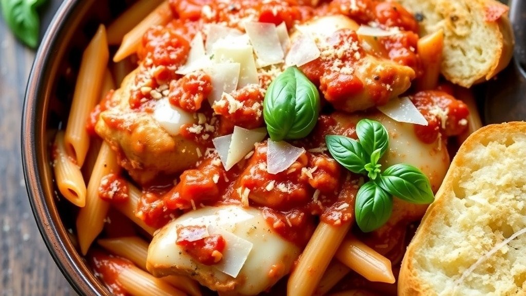 A bowl of chicken parmesan pasta with marinara sauce, mozzarella, and basil, alongside garlic bread.