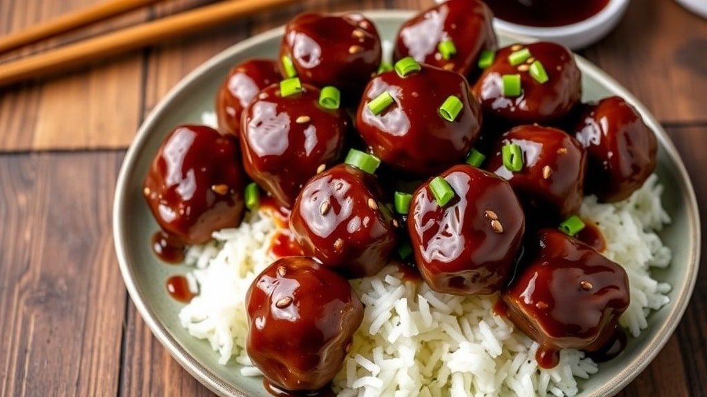 Delicious teriyaki meatballs served over rice, garnished with green onions and sesame seeds.