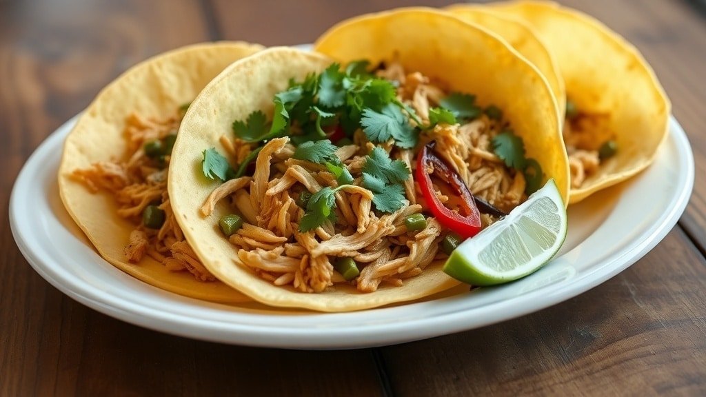 Shredded green chile chicken in tortillas with cilantro and lime on a wooden table.