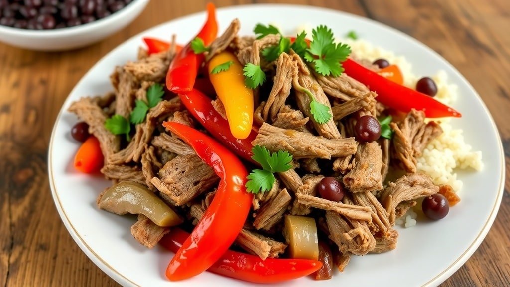 Shredded Cuban pork with bell peppers and onions, served with rice and black beans, garnished with cilantro.