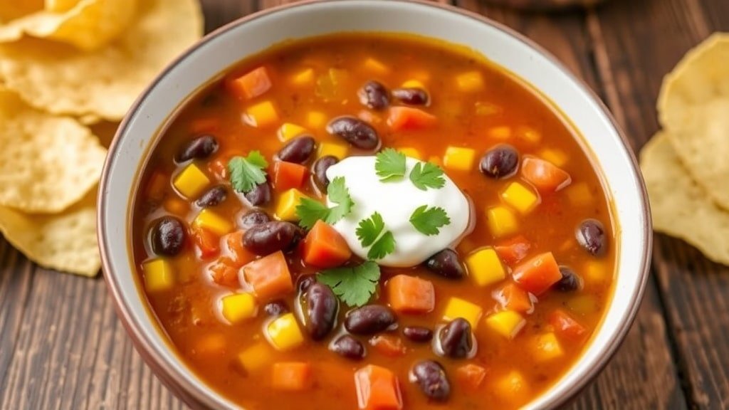A bowl of colorful Fiesta Ranch Soup with black beans, corn, and tomatoes, topped with sour cream and cilantro, on a rustic table with tortilla chips.