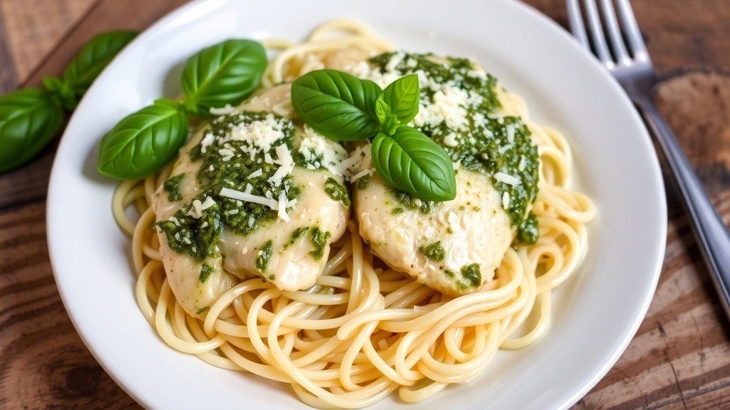 Creamy pesto chicken served over pasta with basil and Parmesan, on a rustic table.