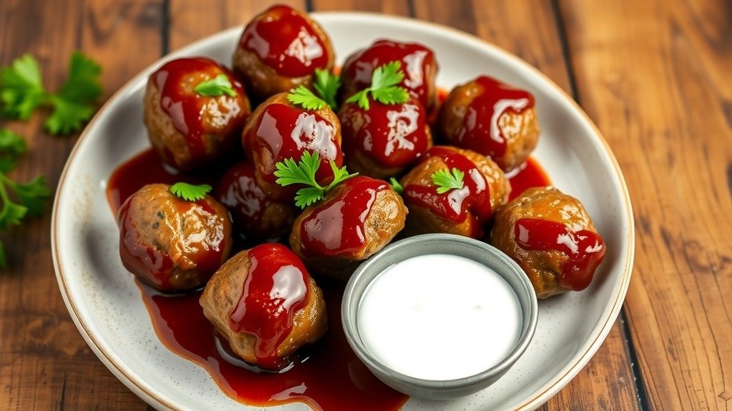 Delicious BBQ ranch meatballs on a plate, garnished with parsley, with a bowl of ranch dressing.