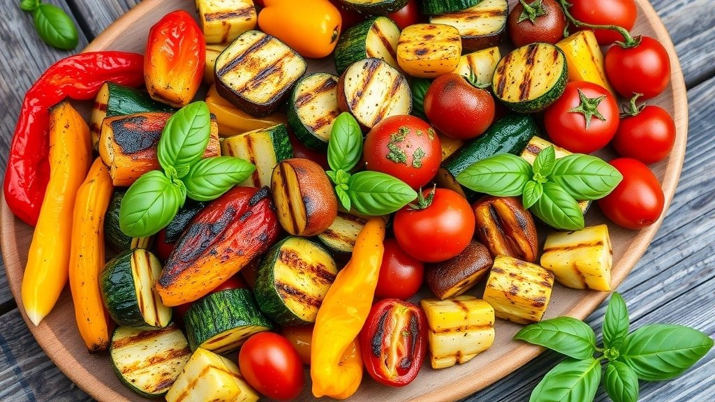 A colorful assortment of grilled vegetables with pesto, including bell peppers, zucchini, and cherry tomatoes on a wooden table.