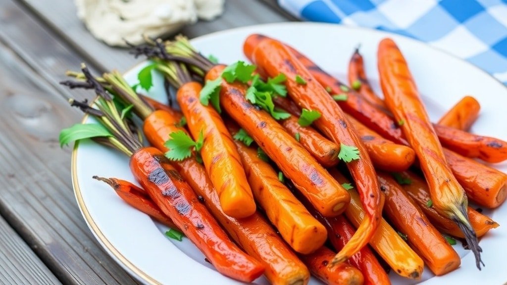 Grilled maple glazed carrots on a plate, garnished with herbs, showcasing grill marks.