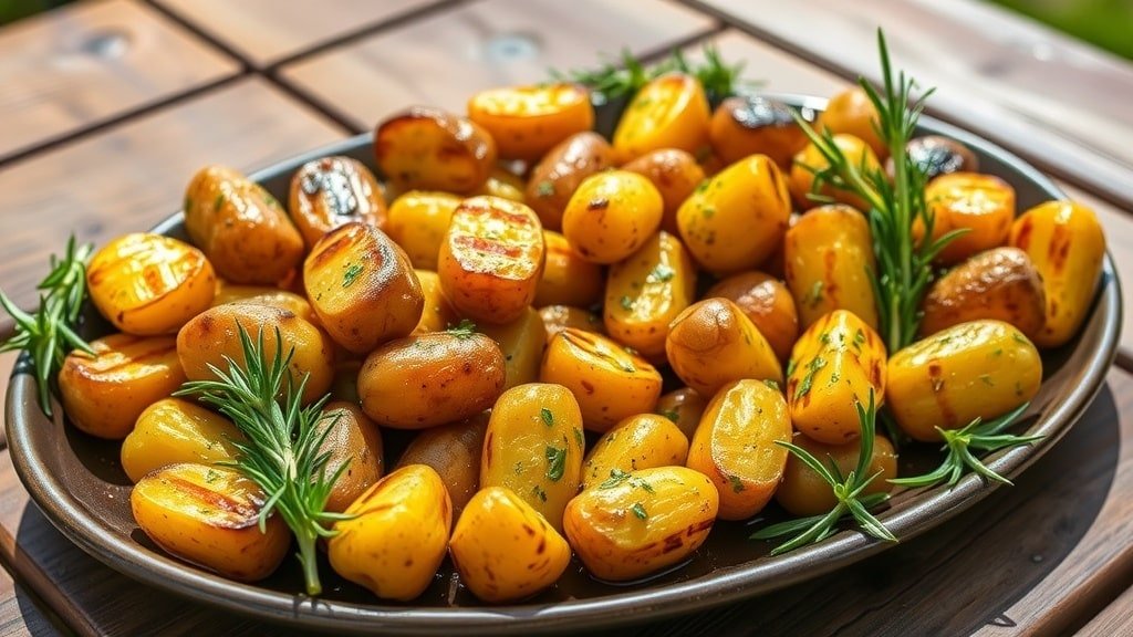 Grilled herb baby potatoes on a platter, garnished with fresh herbs, ready to be served at a barbecue.