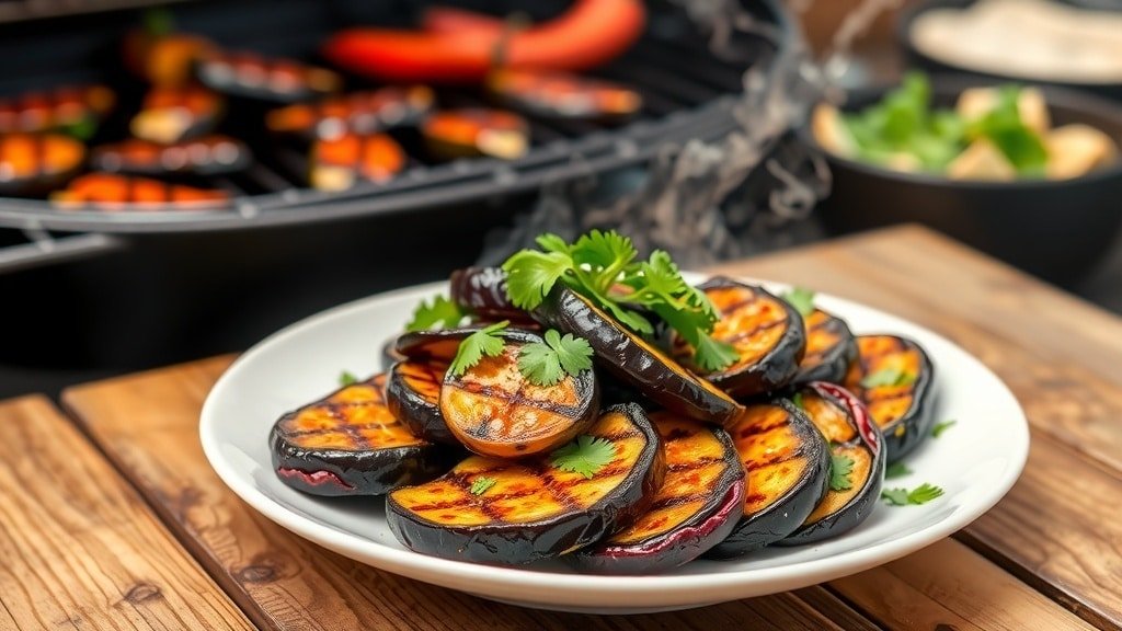 Grilled garlic chili eggplant slices garnished with cilantro on a rustic table, with a grill in the background.
