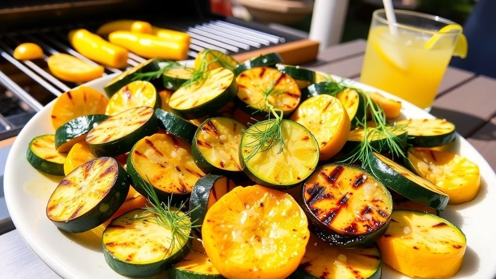 Grilled lemon dill squash on a platter, garnished with dill, in a sunny outdoor setting.