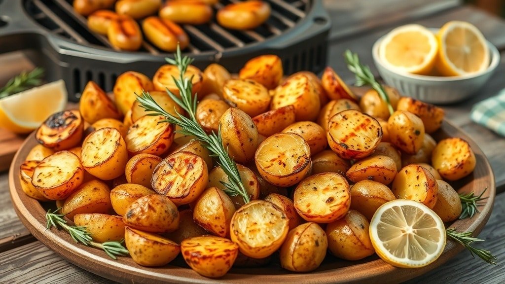Grilled rosemary potatoes served on a platter, garnished with rosemary and lemon wedges.