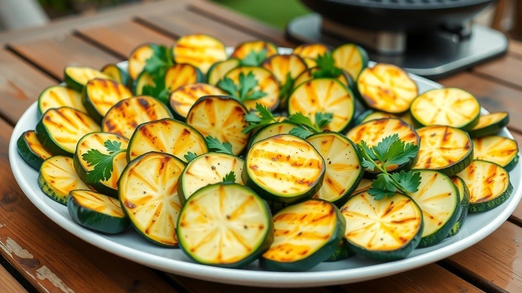 Grilled garlic butter zucchini slices garnished with parsley on a rustic table.