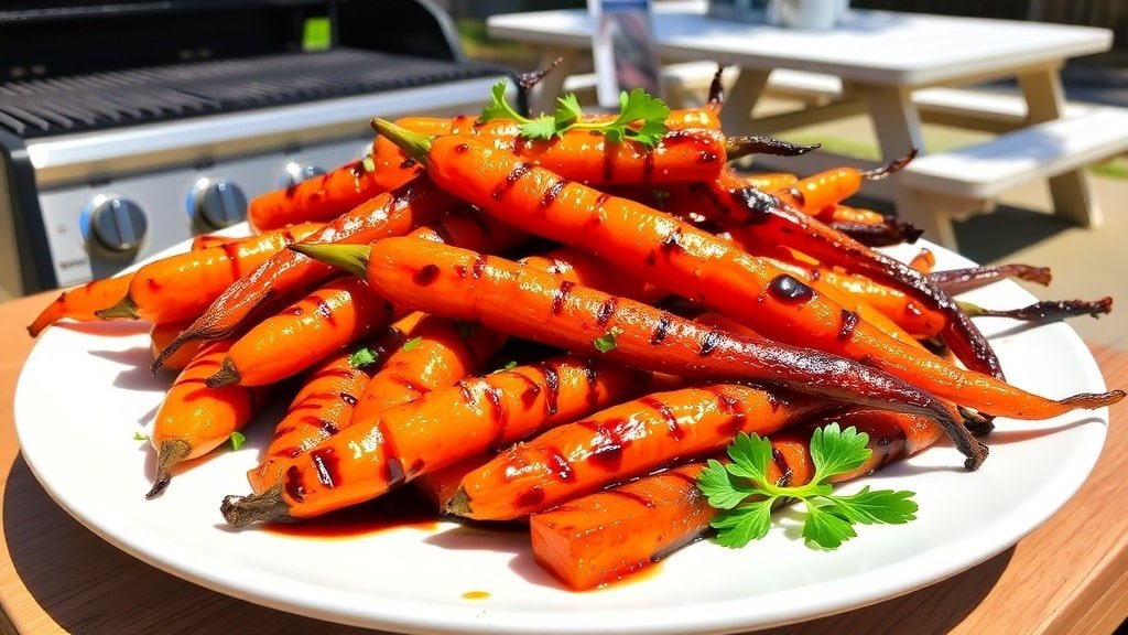 Grilled honey balsamic carrots on a plate, garnished with herbs, in an outdoor grilling setting.
