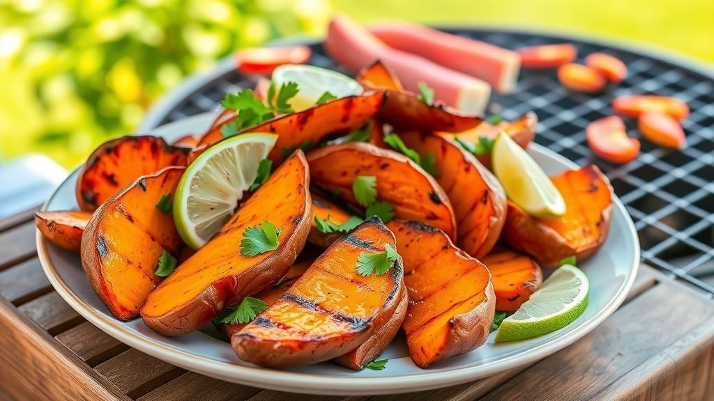Grilled chili lime sweet potatoes garnished with cilantro and lime wedges on a plate.