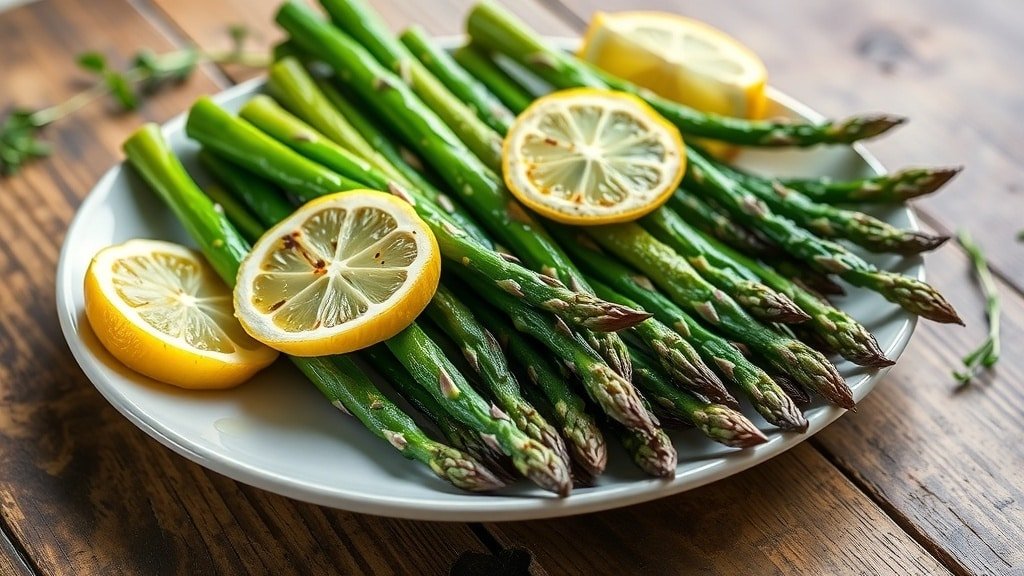 Grilled lemon garlic asparagus on a plate, garnished with lemon wedges, served on a rustic wooden table.