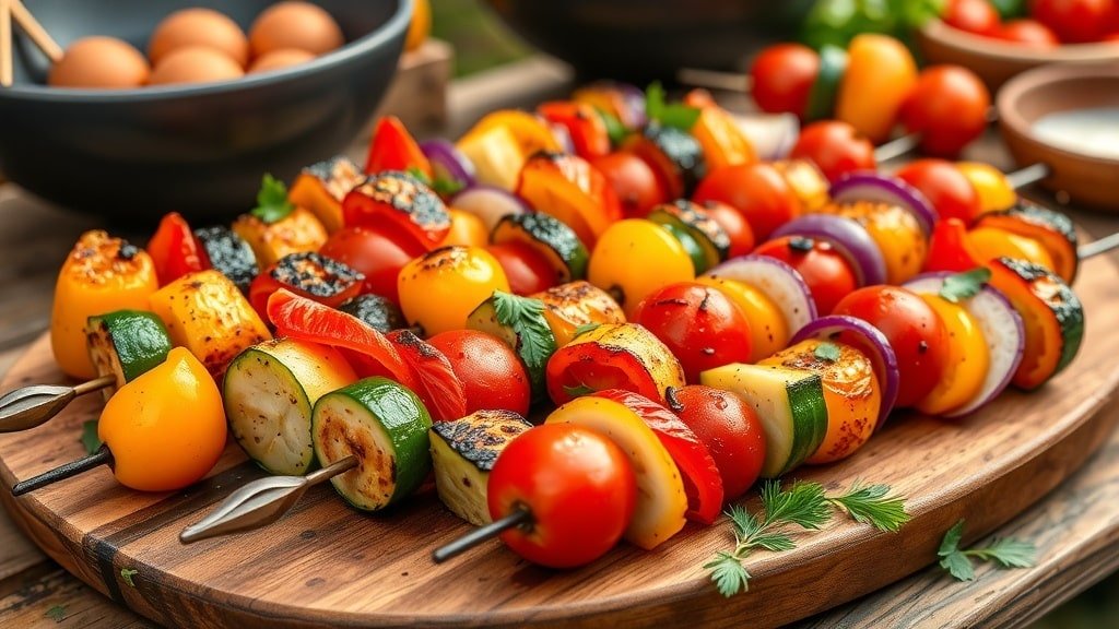 Grilled Mediterranean vegetable skewers with bell peppers, zucchini, tomatoes, and onion on a wooden table.