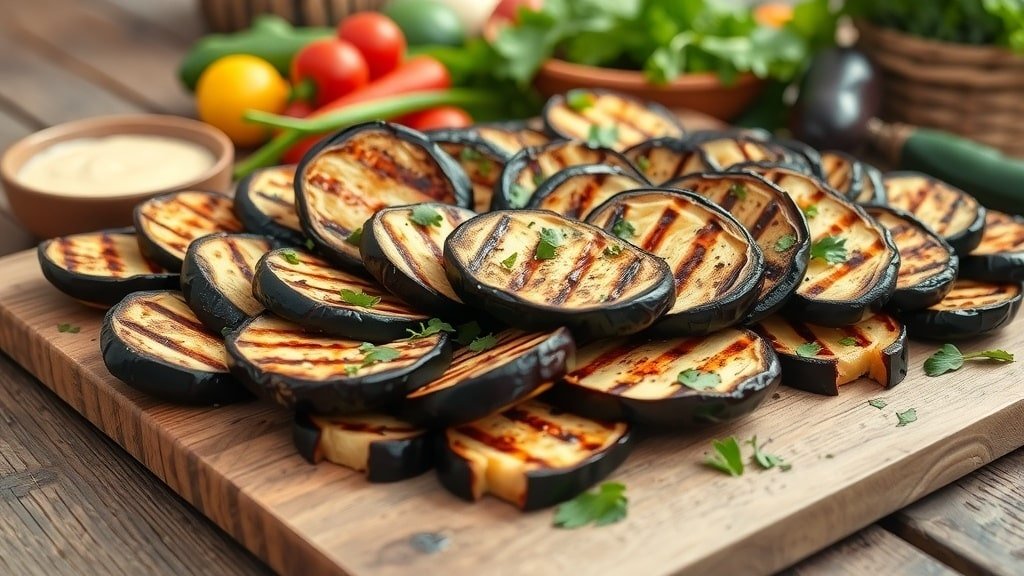 Grilled garlic herb eggplant slices on a platter, garnished with herbs, on a rustic table.
