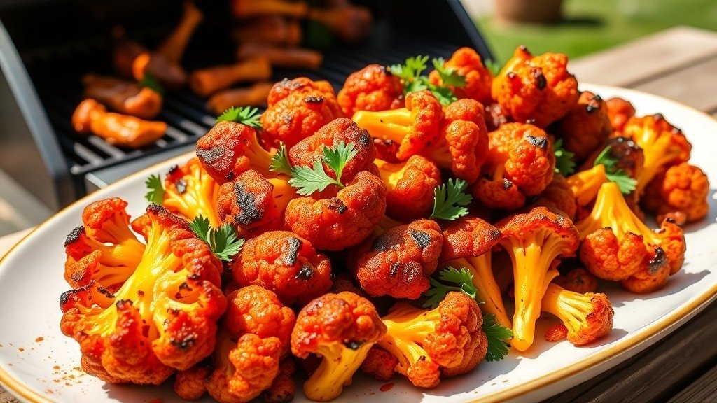 Grilled smoky paprika cauliflower on a platter, garnished with parsley, set against a sunny outdoor grilling scene.