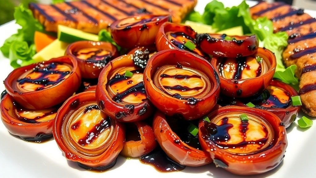 Grilled balsamic red onions on a plate, caramelized and glistening, with a salad and grilled meats in an outdoor setting.