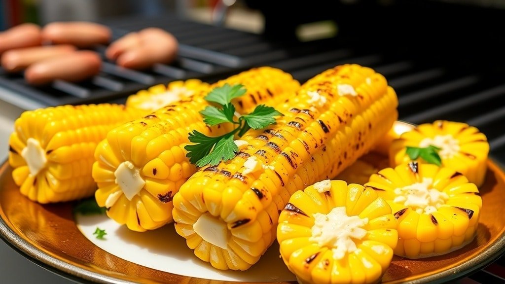 Grilled corn rounds with garlic butter on a plate, garnished with parsley, set against a sunny outdoor grilling scene.