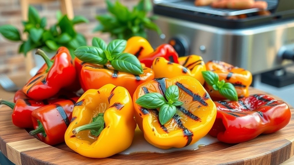 Grilled Italian herb peppers on a platter, garnished with basil, on a rustic wooden table.