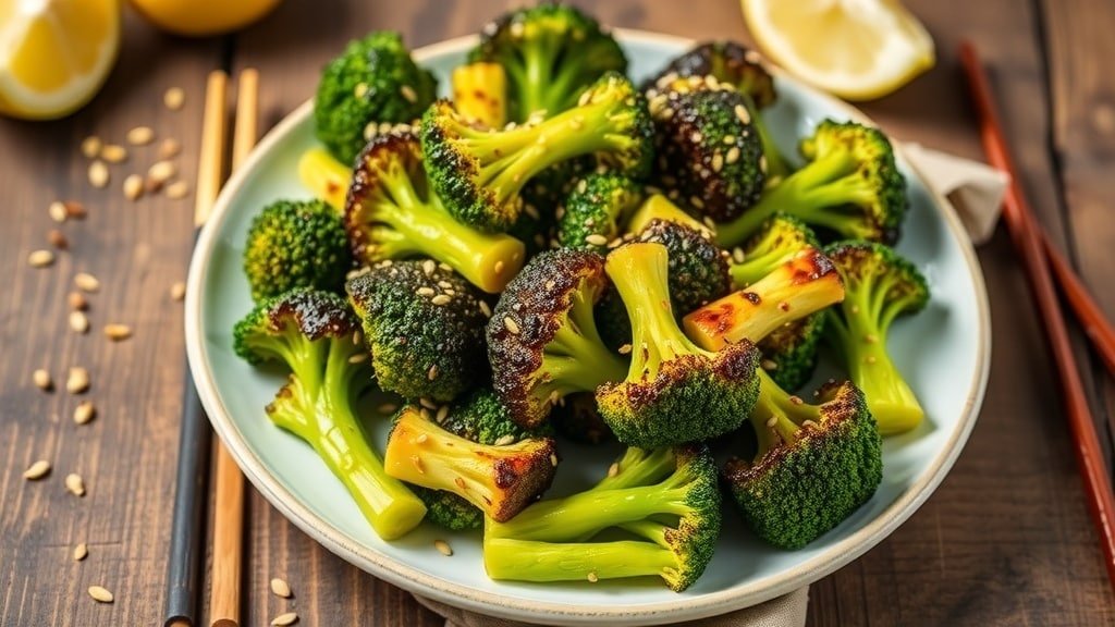 Grilled broccoli florets with sesame seeds on a rustic table, garnished with lemon wedges.