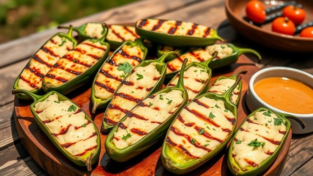 Grilled jalapeño peppers stuffed with cheese on a wooden table, garnished with herbs.