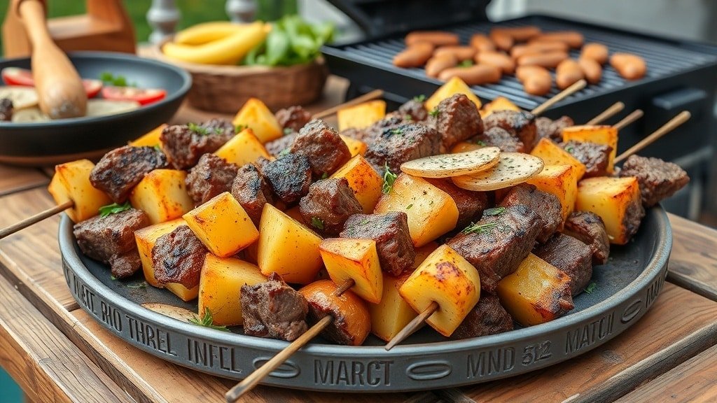 Grilled steak and potato skewers on a platter, garnished with herbs, ready for serving at a summer barbecue.