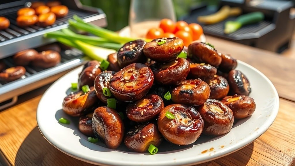 Grilled honey soy mushrooms garnished with sesame seeds and green onions on a rustic table.
