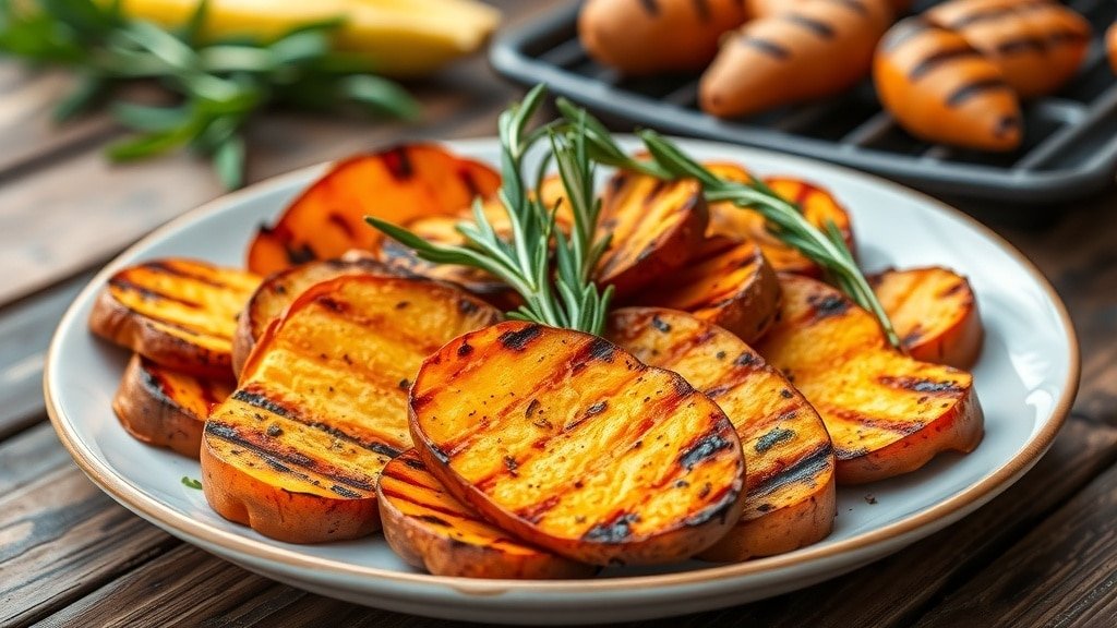 Grilled rosemary sweet potatoes on a plate, garnished with rosemary, in a barbecue setting.