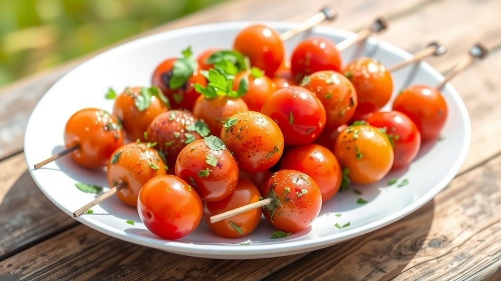 Grilled herb tomato skewers with cherry tomatoes on a rustic table, garnished with herbs.