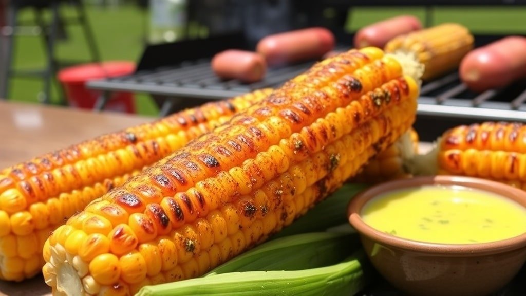 Grilled Cajun corn on the cob with seasoning, served outdoors at a barbecue.