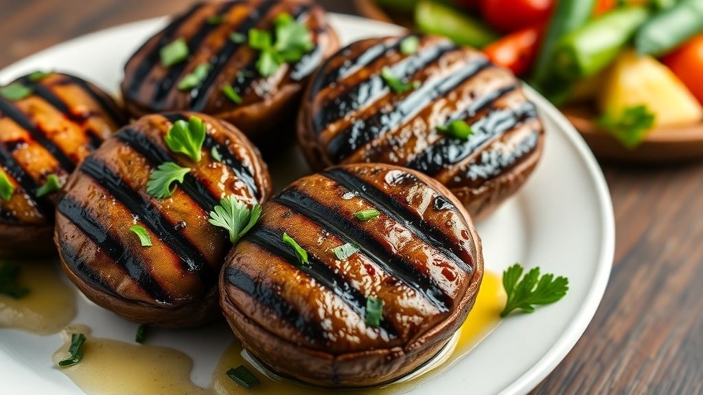 Grilled herb portobello mushrooms on a plate, garnished with parsley, served with grilled vegetables.