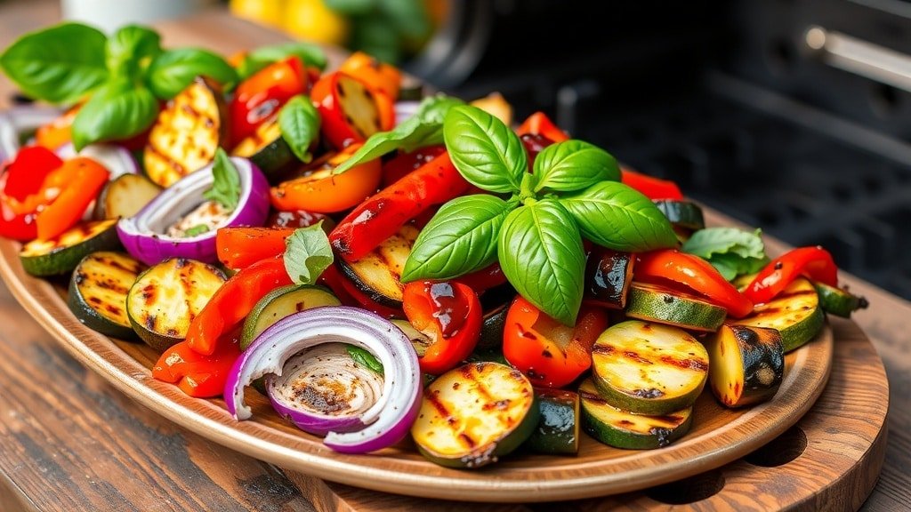 Grilled vegetable medley with zucchini, bell peppers, and onions on a wooden platter, garnished with basil.