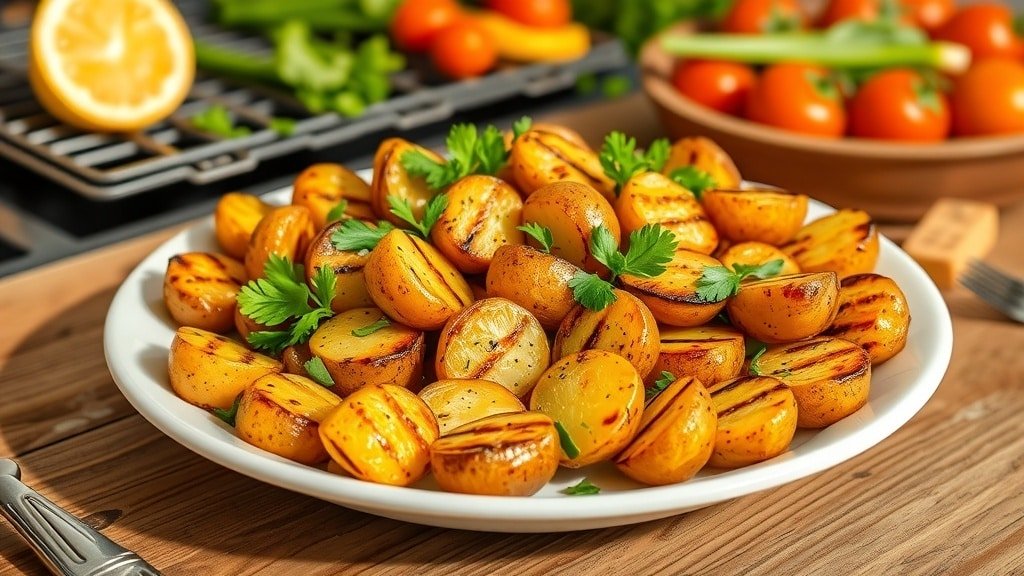 Grilled lemon pepper baby potatoes on a plate, garnished with parsley, in a summer barbecue setting.
