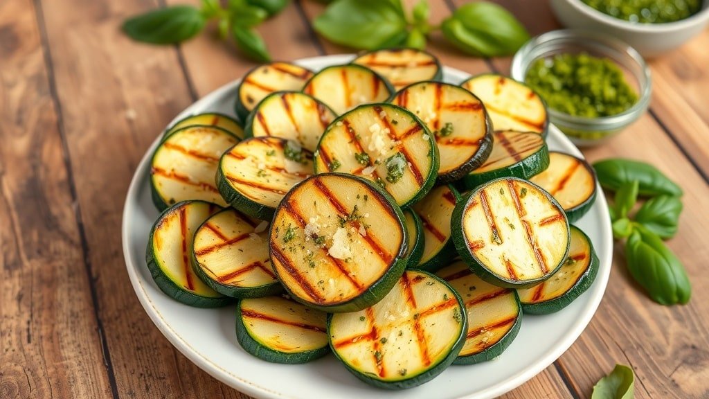 Grilled zucchini slices with pesto and Parmesan cheese on a rustic table.