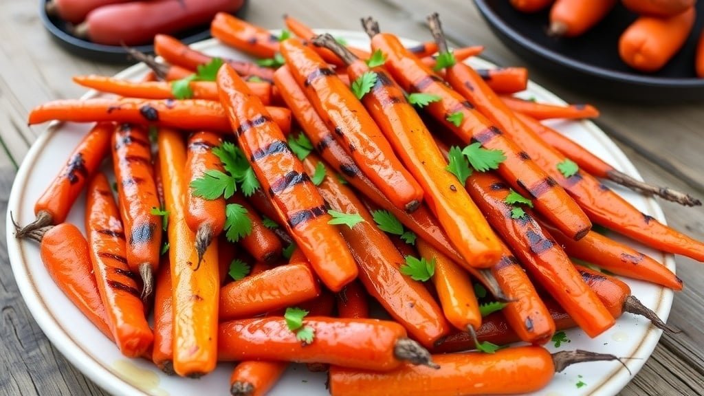 Grilled maple Dijon carrots on a platter, garnished with parsley, showcasing grill marks, on a wooden table.