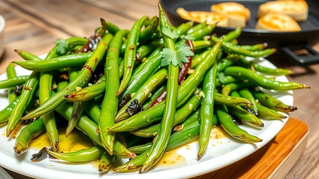 Grilled garlic chili green beans garnished with parsley on a rustic table.
