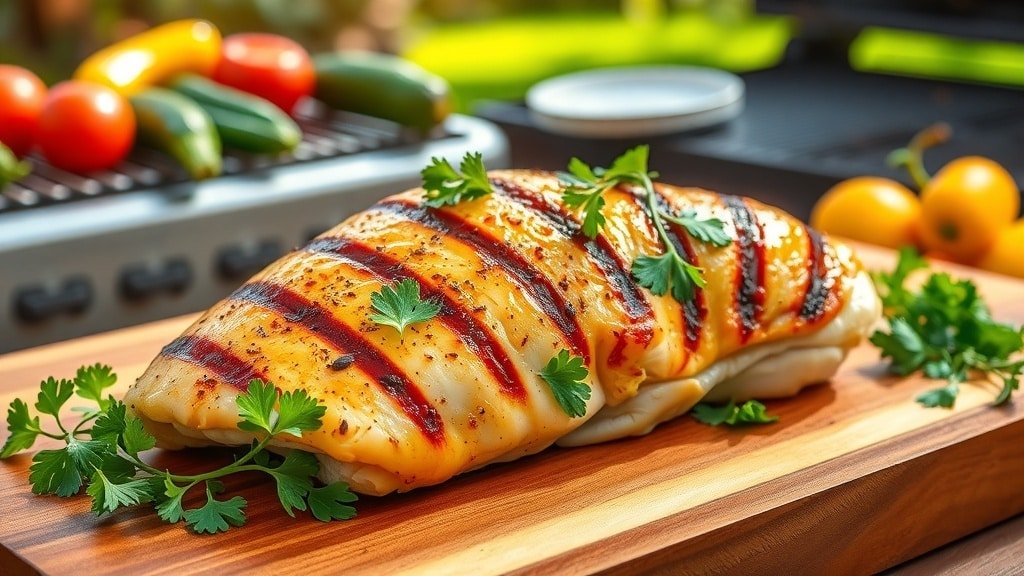 Grilled chicken breast garnished with herbs on a wooden platter, with a grill and vegetables in the background.