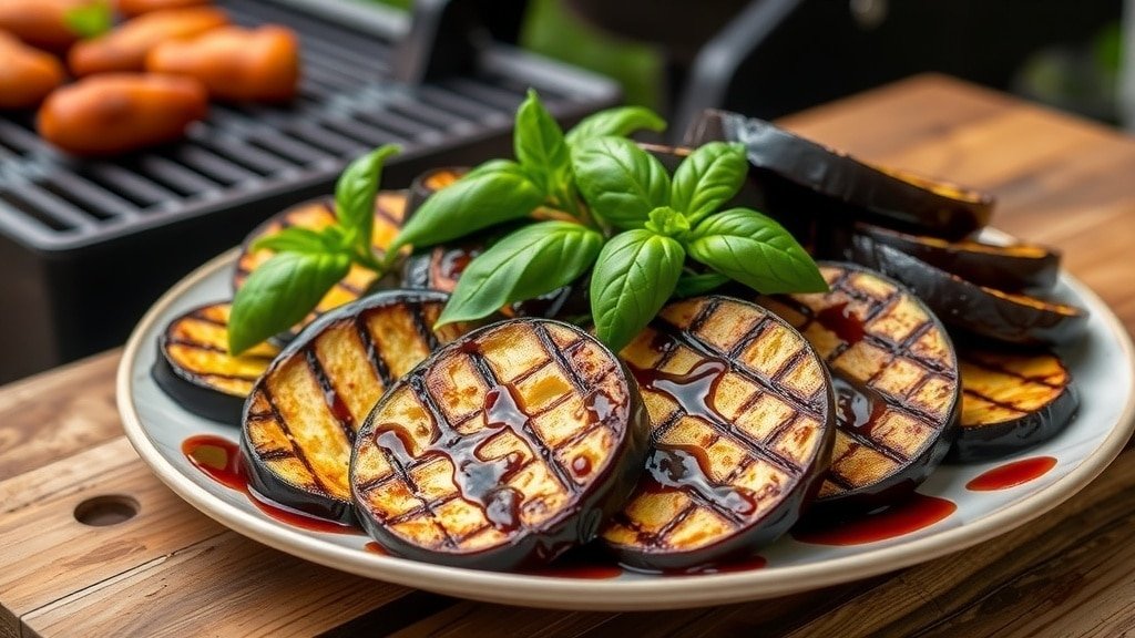 Grilled balsamic eggplant slices garnished with basil on a rustic table.